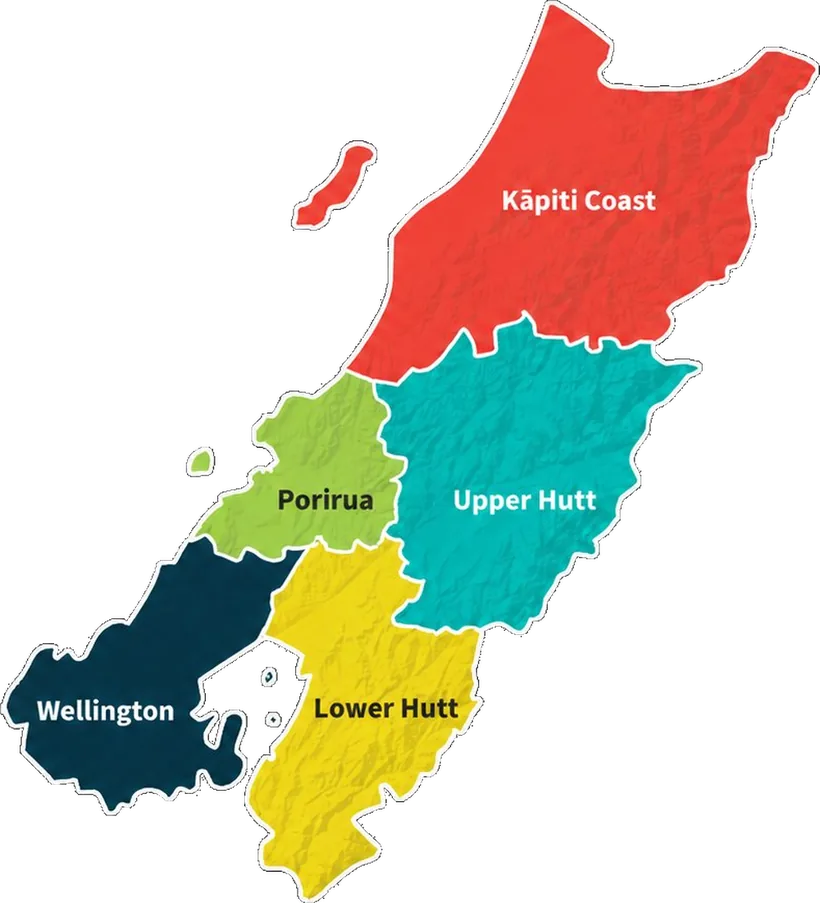 Map of the western Wellington region – Porirua, Wellington, Lower Hutt, Upper Hutt and Kāpiti Coast